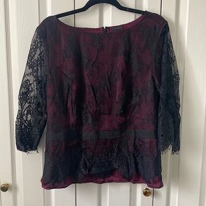 New maroon and black lace top, 3/4 sleeve, Ann Taylor size 16